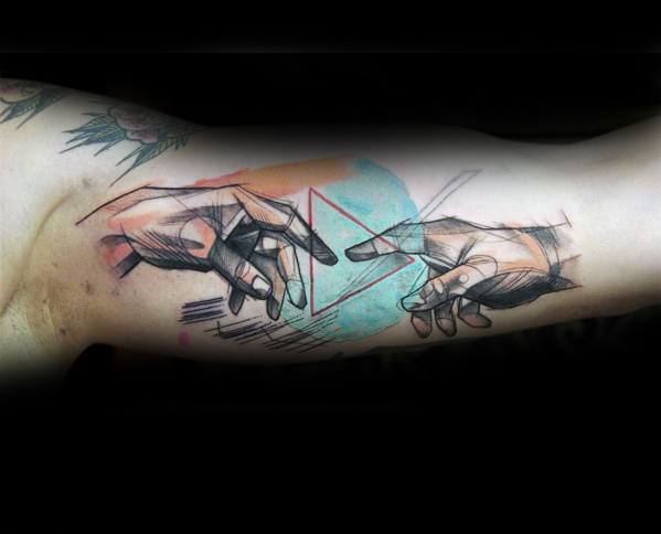 The Creation Of Adam Tattoo Design On Man Inner Arm Bicep Watercolor