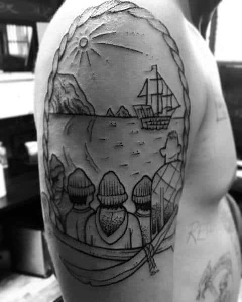 Black and gray linework tattoo inspired by *The Goonies*, featuring the group watching a pirate ship sail away, framed by a rope border.