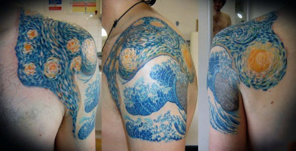 The Great Wave With Stary Night Vincent Van Gogh Mens Half Sleeve Tattoo