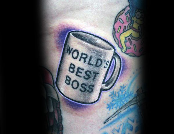 Color tattoo of Michael Scott’s "World’s Best Boss" mug from *The Office*, floating with a purple glow in a mix of pop culture elements.