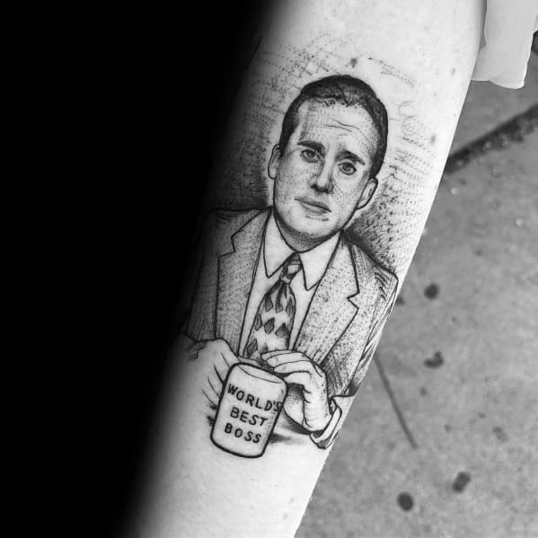Black and white tattoo of Michael Scott from *The Office*, holding his iconic "World’s Best Boss" mug, capturing his classic expression.