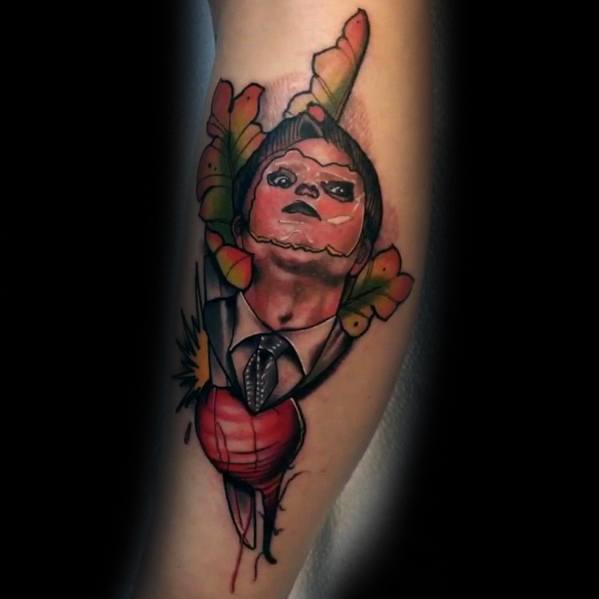 Color tattoo of Dwight Schrute wearing the CPR dummy face from *The Office*, merged with a beet, referencing his connection to Schrute Farms.