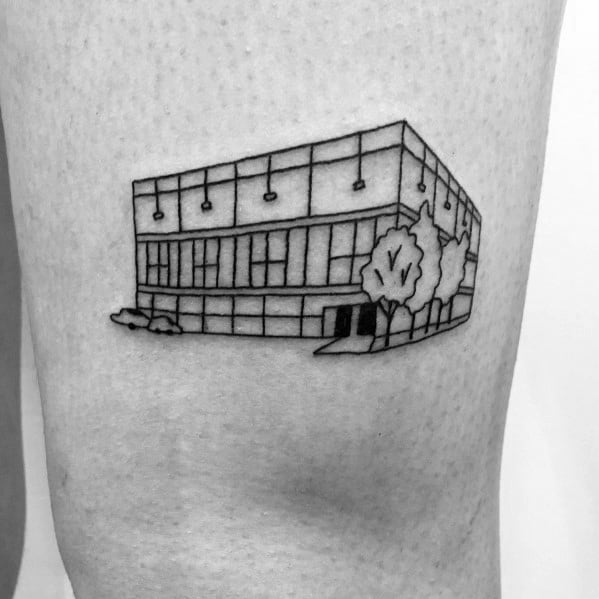 Black and white tattoo of the Dunder Mifflin office building from *The Office*, featuring a simple line art design.