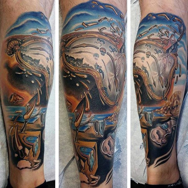 The Persistence Of Memory Painting Melting Clock Mens Leg Sleeve Tattoo