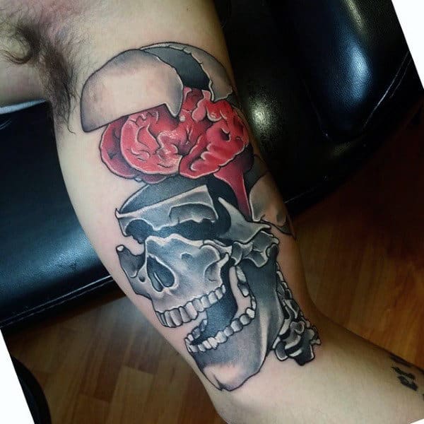 The Red Brain Of Grinning Skull Tattoo Male Arms