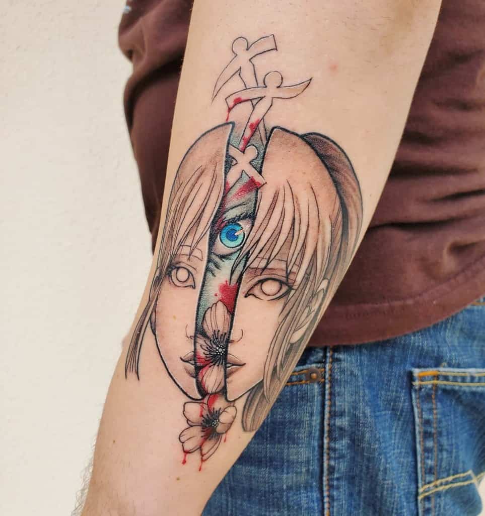 Intricate Spirited Away tattoo of Chihiro and Haku, split by a stylized blade with a blue eye, red accents, flowers, and paper bird with blood dripping