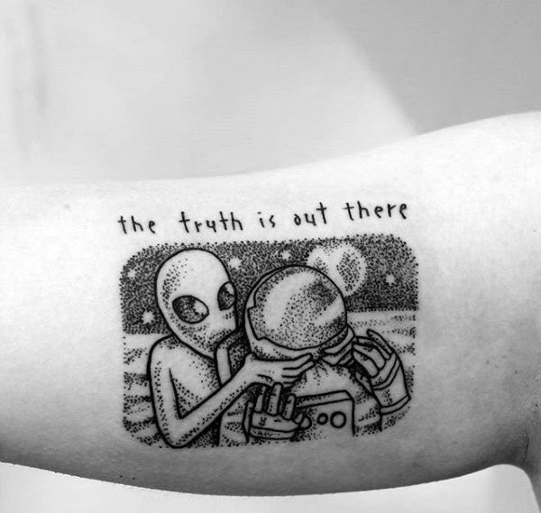 The Truth Is Out There Small Dotwork Alien Tattoos For Men On Inner Arm