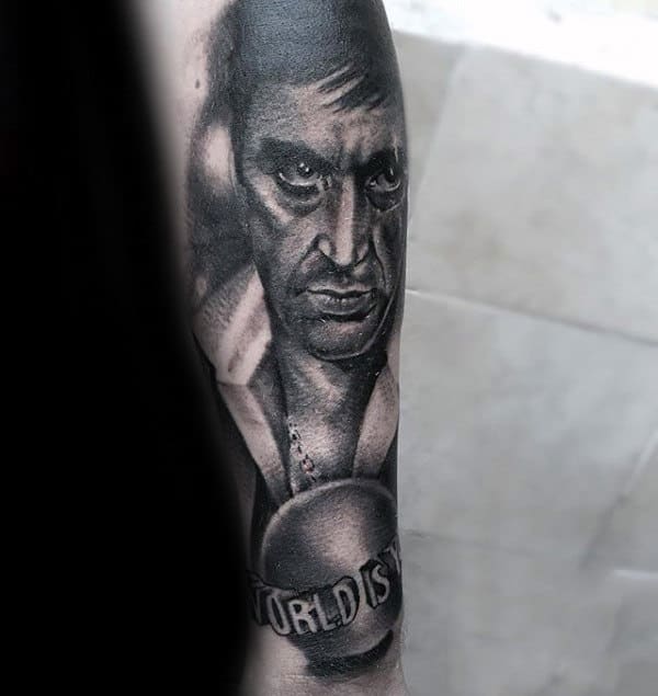 The World Is Yours Portrait Scarface Male Shaded Outer Forearm Tattoos