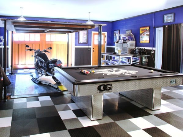 Game room with a pool table and a motorcycle, checkered floor, and blue-painted walls