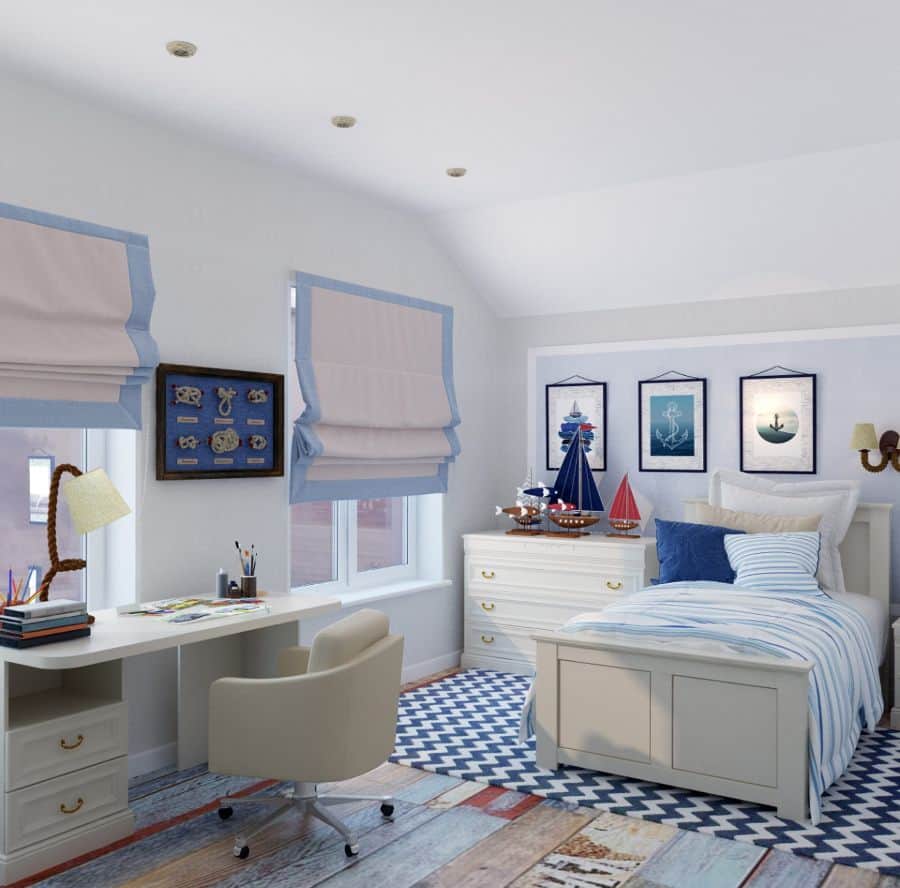 nautical themed kids bedroom with desk chair and bed framed wall art wood floors