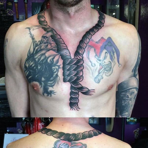 Thick Black Rope Around Mans Neck Tattoo