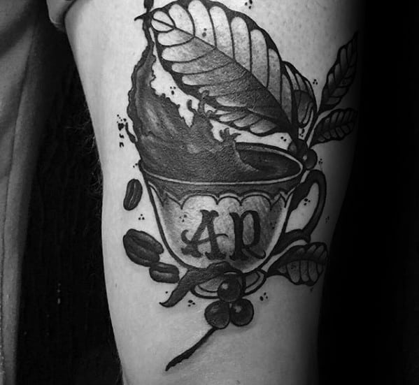 Thigh 3d Coffee Cup Tattoo Designs For Guys