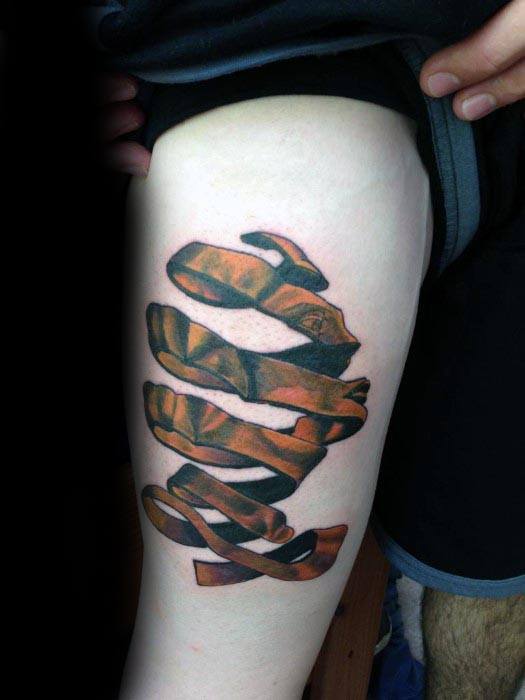 Color tattoo of a 3D twisted ribbon forming the word “Faith” in an MC Escher-inspired illusion, shaded in warm brown tones on the thigh.