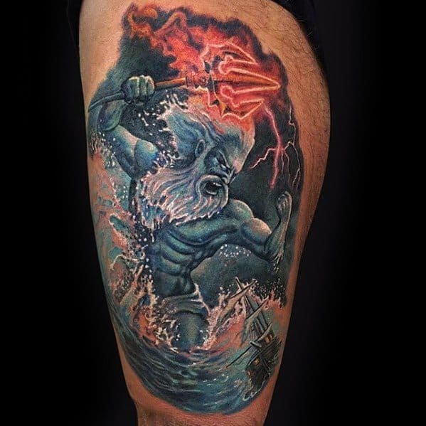 Thigh 3d Realistic Artistic Male Trident Poseidon Tattoo Ideas