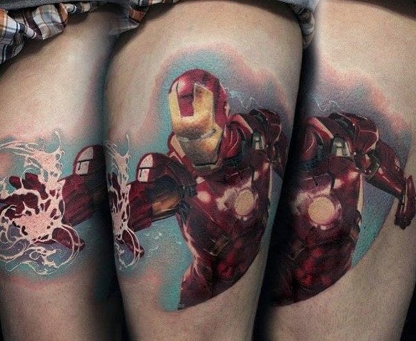Iron Man tattoo featuring a dynamic action pose, with Iron Man shooting a blast from his hand, surrounded by vivid splashes of energy and vibrant colors to create a powerful and energetic design.