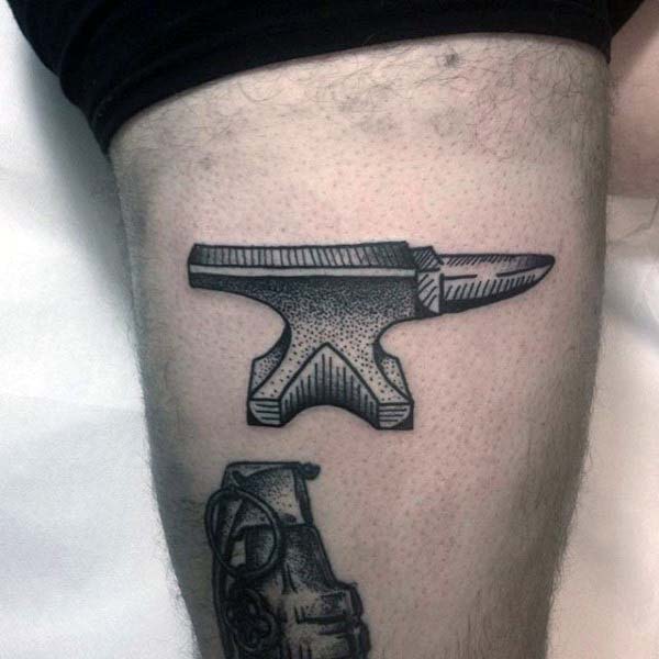 Thigh Anvil Woodcut Tattoos For Men