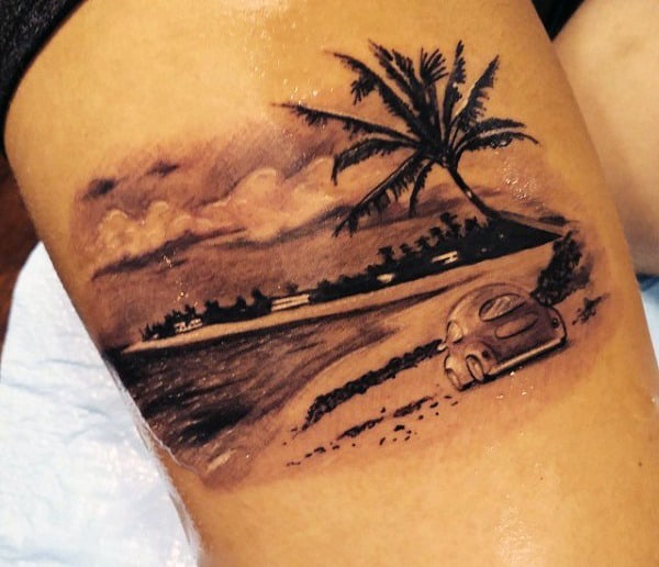 Thigh Beach Palm Trees Tattoos For Males