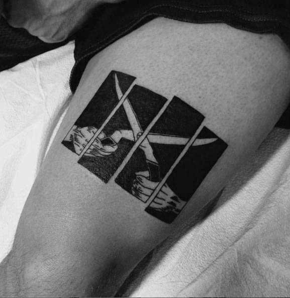 Black Flag bars tattoo creatively filled with an image of hands holding garden shears, merging punk symbolism with bold illustrative detail.