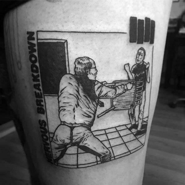 Tattoo inspired by Black Flag’s “Nervous Breakdown,” showing a chaotic chair-throwing scene with the iconic bars in the corner and title down the side.