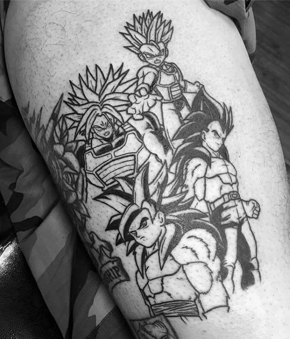Thigh Black Ink Anime Tattoo Design On Man