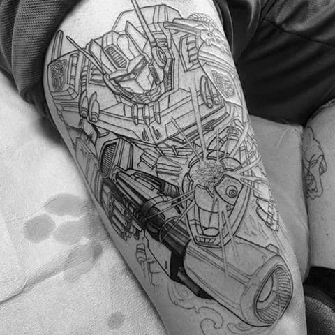 Thigh Black Ink Outline Guys Transformers Tattoo Design Ideas