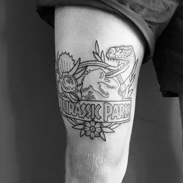 Thigh Black Ink Outline Jurassic Park Tattoo Ideas On Guys