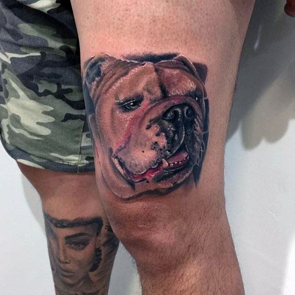 Thigh Bulldog Head Male Tattoos