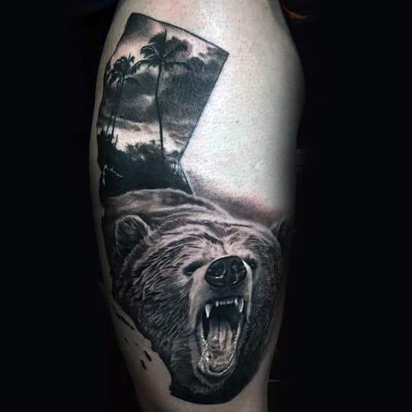 Thigh California Bear With Realistic 3d Design On Man