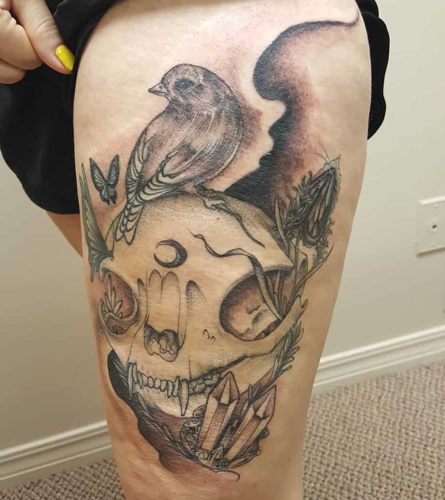 Tattoo of a bird perched on a cat skull with crystals and plants adorning a person's thigh