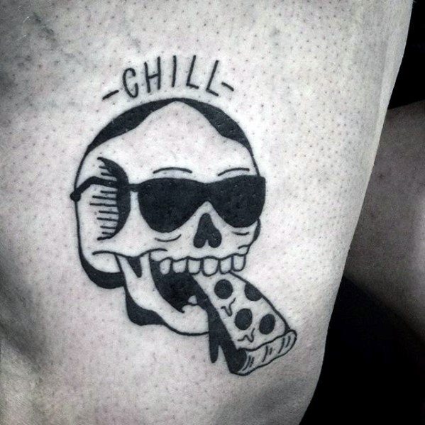 Thigh Chill Skull Eating Pizza Tattoo Design Ideas For Males