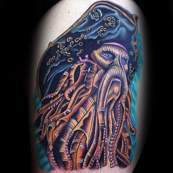 Vibrant Davy Jones tattoo with intricate tentacles, a textured hat, and bold, colorful shading for a striking sea-themed design