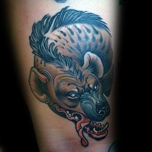 Neo-traditional hyena tattoo with detailed shading, a curled tongue, and a menacing expression, featuring bold lines and a mohawk-style mane.