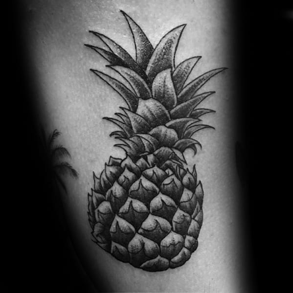 Thigh Dotwork Mens Tattoo Pineapple Design