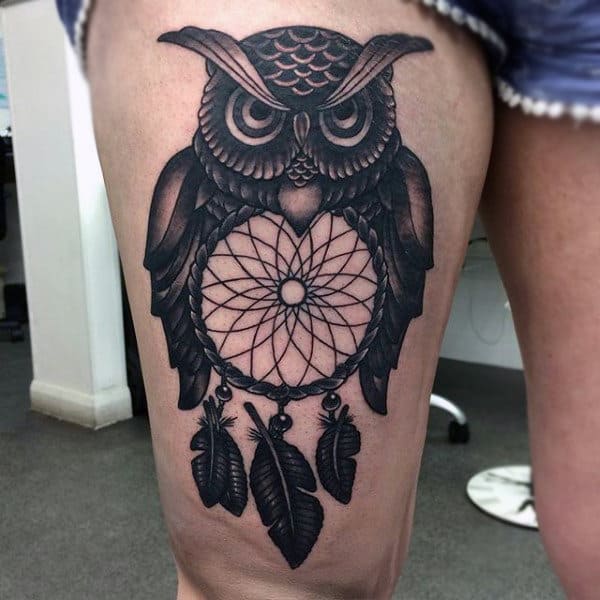 Thigh Dreamcatcher Owl Tattoos For Guys