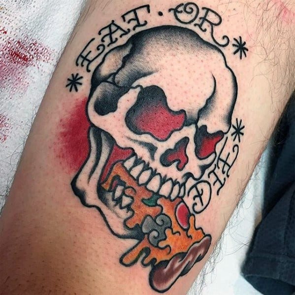 Thigh Eat Or Die Skull Pizza Tattoo Designs For Guys