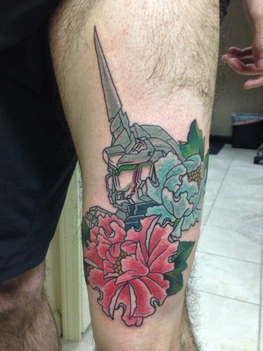 Thigh Flowers With Gundam Tattoo Design Ideas For Males