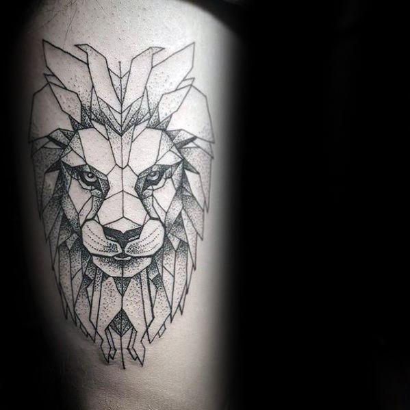 Thigh Geometric Lion Guys Tattoo Ideas