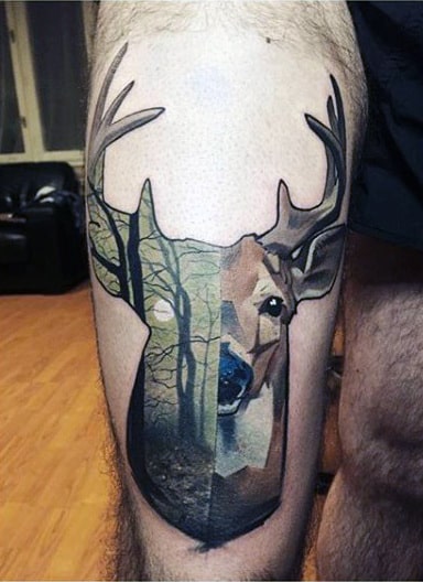 Thigh Green Deer Tracks Tattoo For Males