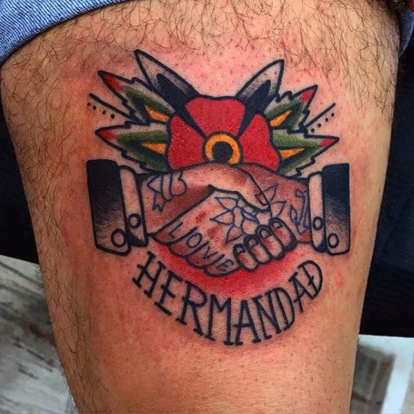 Thigh Guys Handshake Tattoo Design Ideas