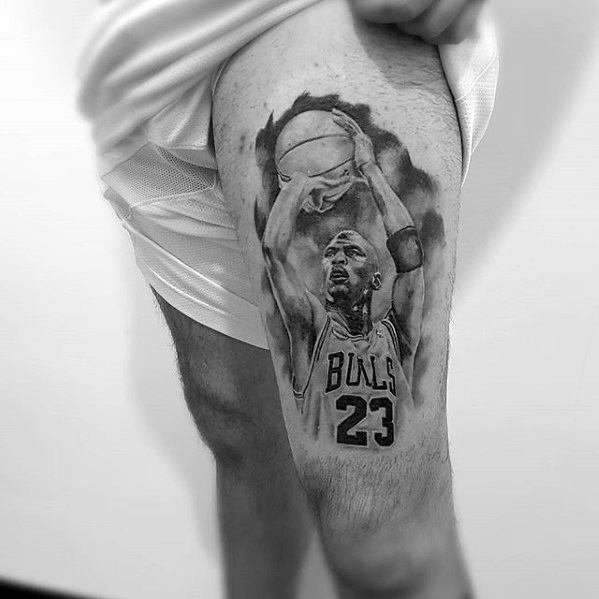 Thigh Guys Jordan Shooting Basketball Tattoo