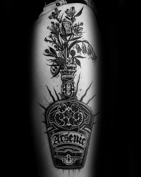 Thigh Guys Tattoos With Poison Bottle Design