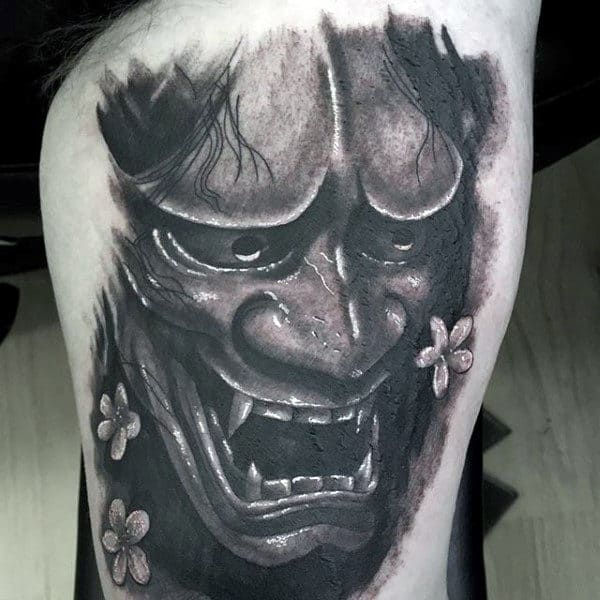Thigh Hannya Mask Tattoos For Men