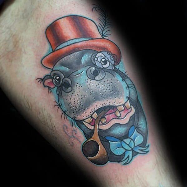 Thigh Hippo With Pipe And Top Hat Tattoo Design Ideas For Males