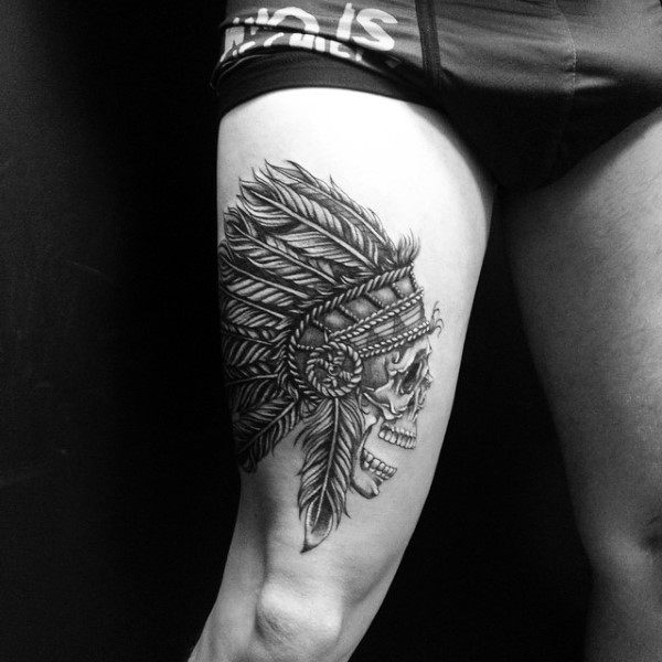 Thigh Indian Skull Male Tattoos