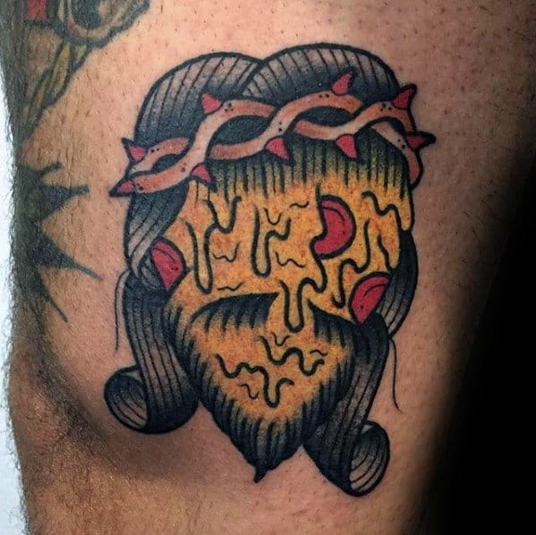 Thigh Jesus Face Pizza Tattoo Ideas For Gentlemen