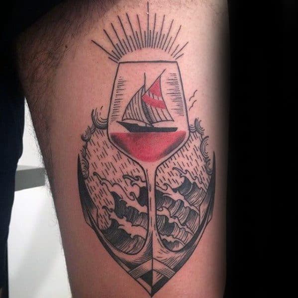 Thigh Male Sailing Ship Anchor Wine Tattoo Ideas