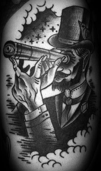 Victorian man tattoo peers through a telescope, surrounded by clouds, wearing a top hat