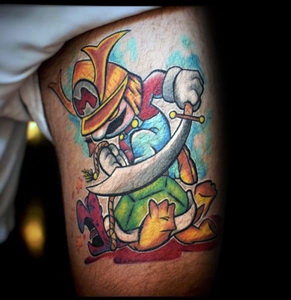 Bold *Super Mario* tattoo featuring Wario in a samurai-inspired outfit, wielding a sword with vibrant colors and dynamic shading for a fierce look.
