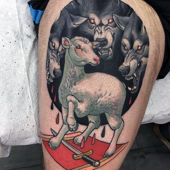 Tattoo of a lamb standing on a sword with three wolves in the background