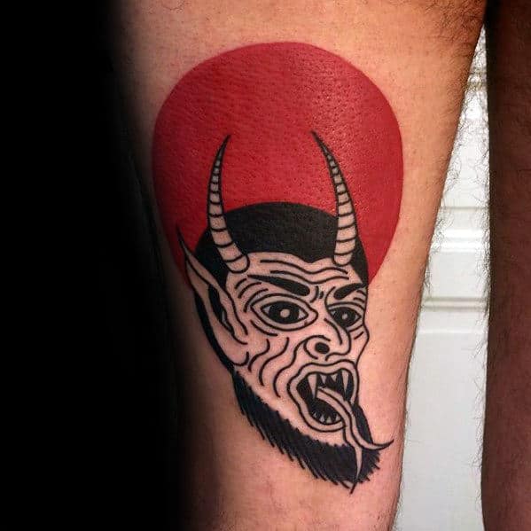 Thigh Mens Traditional Devil With Red Sun Tattoo